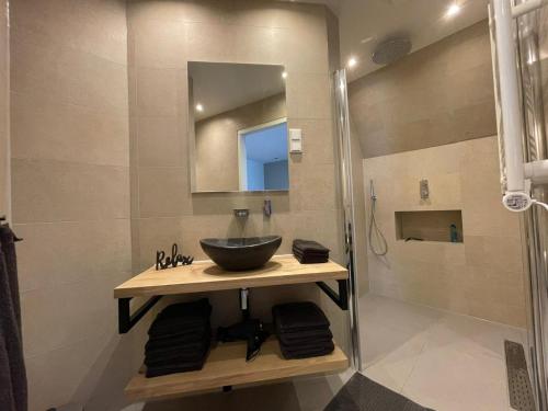 a bathroom with a sink and a shower at Coconut Beach apartments in Zandvoort