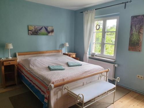 een slaapkamer met een bed en een raam bij Seminar und Landhaus Schönbeck in Schönbeck