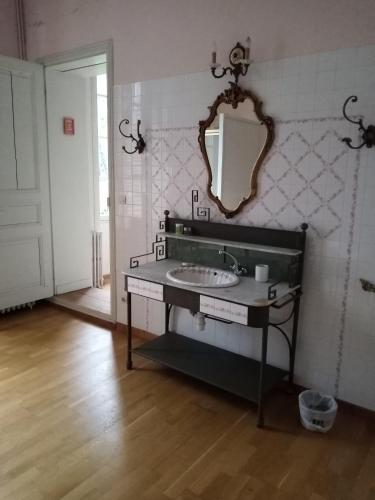 une salle de bain avec un lavabo et un miroir au mur dans l'établissement Domaine de Pladuc, à Lachaise
