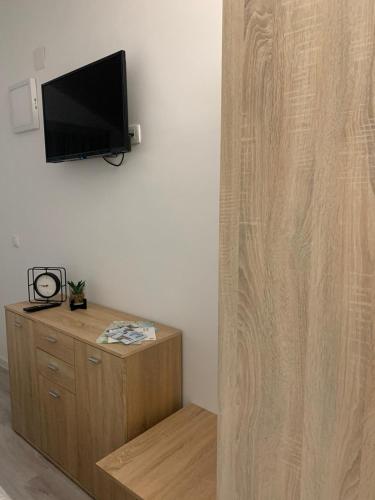 a living room with a television on a wall at Filipovic rent a car & apartments in Selnica Šćitarjevska