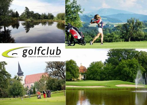 a collage of photos of people playing golf and a pond at Landhotel Gafringwirt in Euratsfeld