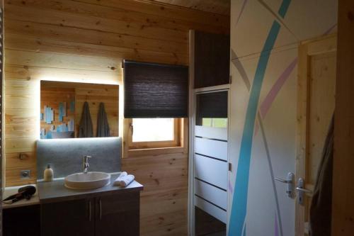 a bathroom with a sink in a log cabin at Chalet au Natur'Heil Nature-Spa-Gourmandise in Wahlbach