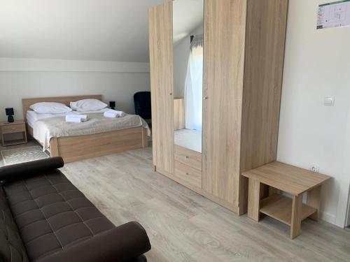 a bedroom with a bed and a large mirror at Filipovic rent a car & apartments in Selnica Šćitarjevska
