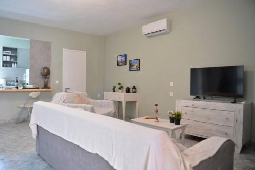 A television and/or entertainment centre at Seaside Villa Alexandra,Acharavi.