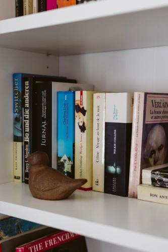 a book shelf with books and a figurine on it at Hangers in Turda