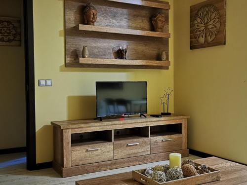 una sala de estar con TV en un centro de entretenimiento de madera en APARTAMENTO ALES, en Arenas de San Pedro