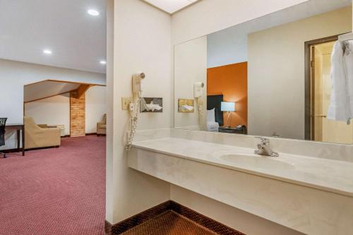 een badkamer met een wastafel en een grote spiegel bij Rodeway Inn Coopersville in Coopersville