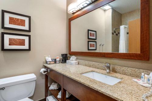 a bathroom with a sink and a toilet and a mirror at Comfort Suites Columbus West - Hilliard in Columbus