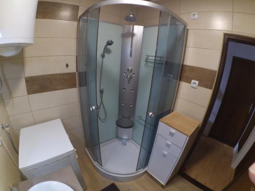 ein Bad mit einer Dusche mit einer Duschkabine aus Glas in der Unterkunft Dramalj apartman 4+1 in Dramalj