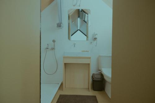a bathroom with a sink and a mirror and a toilet at Bobocabin Kaldera, Toba in Parmonangan