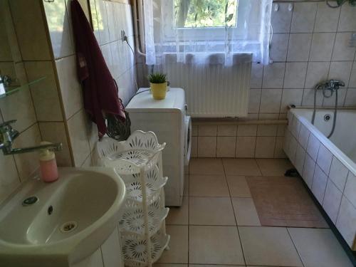La petite salle de bains est pourvue d'un lavabo et d'une baignoire. dans l'établissement Apartament u Ani, à Przeczyce