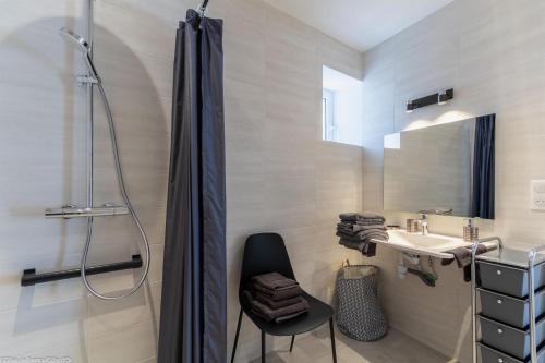 uma casa de banho com um chuveiro, um lavatório e uma cadeira. em Le Gîte de Mélie em Pommard
