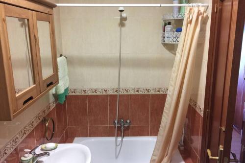 y baño con lavabo y ducha. en Chalet en el Alto de La Hayuela-Udías, en Ayuela
