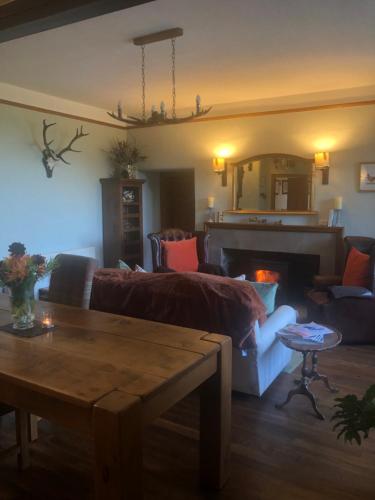 ein Wohnzimmer mit einem Sofa und einem Kamin in der Unterkunft The Hollow Bed and Breakfast in Great Longstone