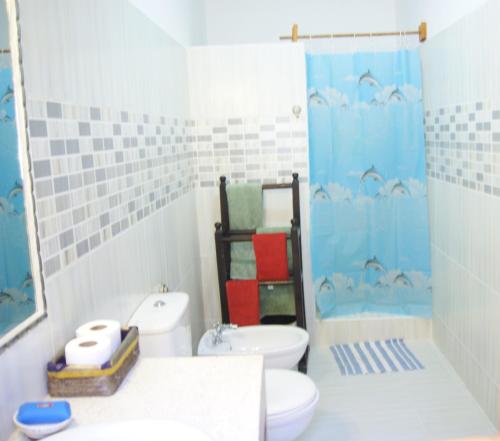 a bathroom with a toilet and a shower at Luciano & Grace Apartments in Watamu