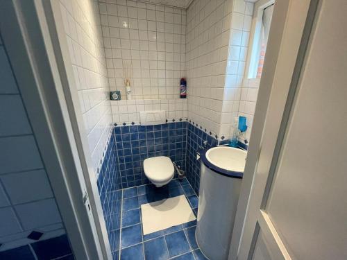 uma casa de banho em azulejos azuis com um WC e um lavatório em B&B aan de Hoofdkade em Ter Apel
