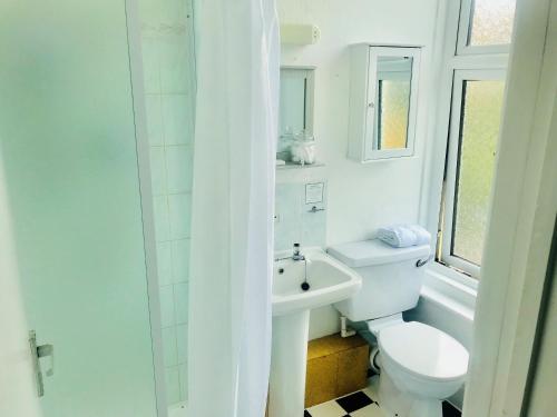 bagno bianco con servizi igienici e lavandino di Highlea Guest House a Weston-super-Mare