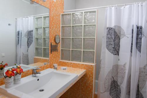 a bathroom with a sink and a shower curtain at Maximilian House-Duplex vista al mar en complejo con piscina in Puerto del Carmen