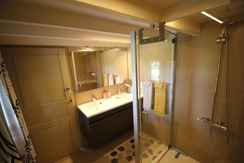 La salle de bains est pourvue d'un lavabo et d'une douche. dans l'établissement Het Rustplekje, à Alveringem
