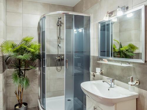 un bagno con doccia, lavandino e specchio di Oaza spokoju a Lednogóra