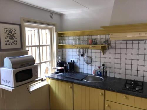 a kitchen with a microwave and a sink at Huisje De Koning in Zandvoort