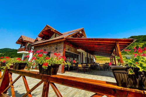 a house with flowers in pots on a deck at Pensiunea Balkan in Gornea