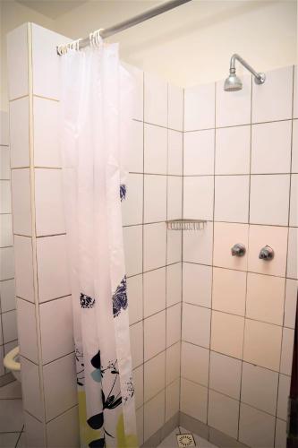 a shower with a shower curtain in a bathroom at V-Szameitat Homes in Diani Beach