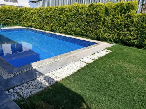 a swimming pool in a yard next to a hedge at Villa Leon in Reisdere