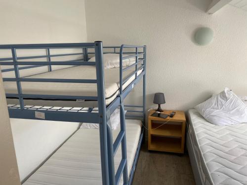 サン・ジュリアン・アン・ボルヌにあるMaison - Village Océlandesの二段ベッド2台、ナイトスタンドが備わる二段ベッドルームです。