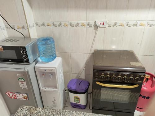 a small kitchen with a stove and a microwave at Jayson Furnished Apartment, Nairobi in Nairobi