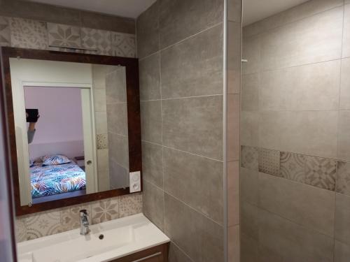 La salle de bains est pourvue d'un lavabo, d'un miroir et d'un lit. dans l'établissement Chez Jojo à St fraimbault, à Saint-Fraimbault-de-Prières