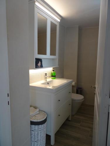 a bathroom with a sink and a mirror and a toilet at Zozef Family House in Kámbos