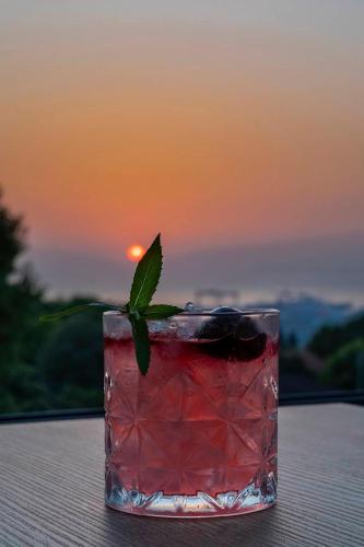 a pink drink with a green leaf sitting on a table at LAGUN CASTLE HOTEL&SPA in Yalova