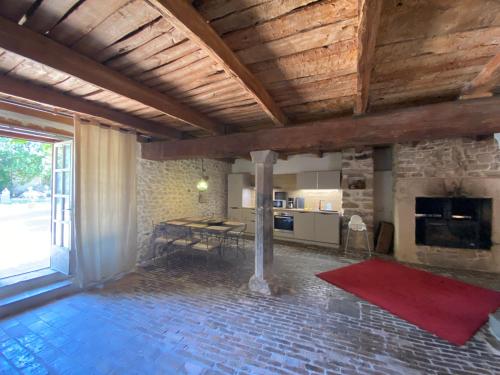 un grand salon avec une grande cheminée en pierre dans l'établissement Orangerie de Cardet - Apartment Le Pampelmoussier, à Cardet