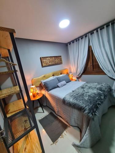 a bedroom with a bed and a ladder in it at Refúgio dos Coiotes in Cambara do Sul