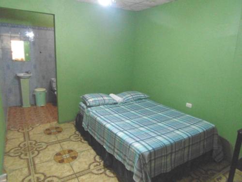 a bedroom with a bed in a green wall at Hostal Doña Rosa in Bluefields