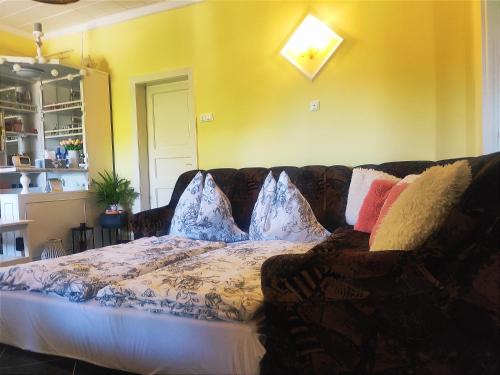 a couch with pillows on it in a living room at Szandra Vendégház in Öskü