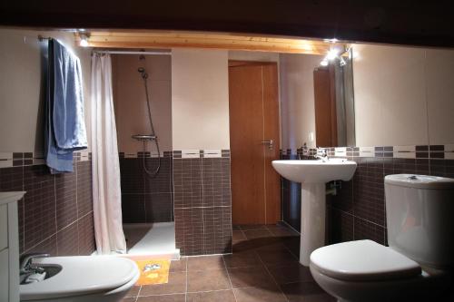 a bathroom with a toilet and a sink and a shower at Apartamento Los Mesones in Ágreda
