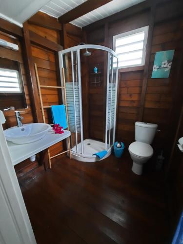 Un baño con ducha, inodoro y lavabo. en Villa MANGO, en Deshaies