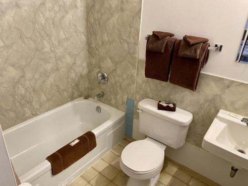 a bathroom with a toilet and a tub and a sink at Hitching Post Motel in North Battleford