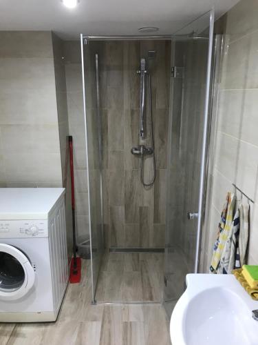 a shower in a bathroom with a washing machine at Agroturystyka "Zielone Zacisze" in Łagów
