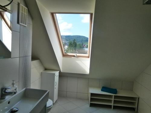 bagno con lavandino e finestra di Apartament BB koło Cerkwi a Krynica-Zdrój