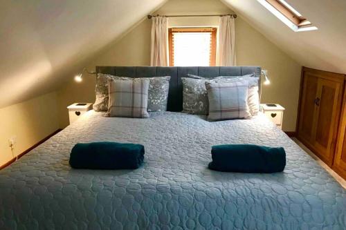 a bedroom with a large bed with two blue pillows at Cwtch Bach - Garnant in Ammanford