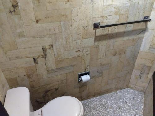 a bathroom with a toilet and a stone wall at Suite en torres gemelas vista al mar in Acapulco