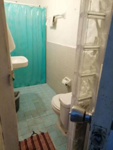 a bathroom with a toilet and a green shower at Private Room in Cozumel