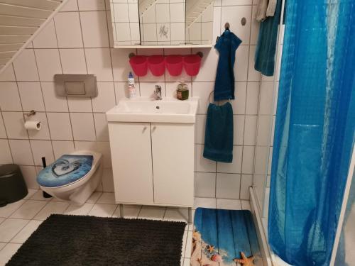 a small bathroom with a toilet and a sink at Wohnung Nähe Losheimer Stausee in Niederlosheim