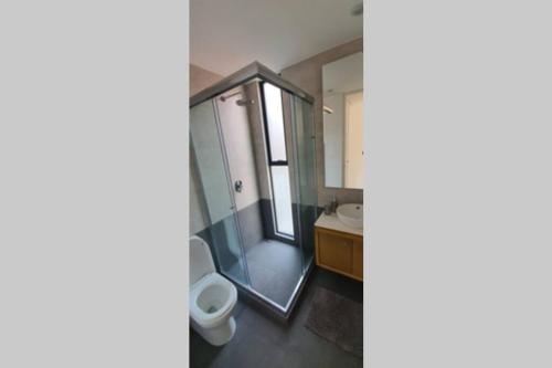 a bathroom with a toilet and a sink and a mirror at Increible Loft frente al WTC, Napoles in Mexico City