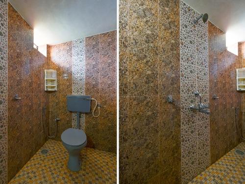two pictures of a bathroom with a toilet and a shower at YoYoGoa Cottages in Vagator