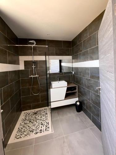a bathroom with a shower and a sink at La Listrella Residence & Spa in Monticello