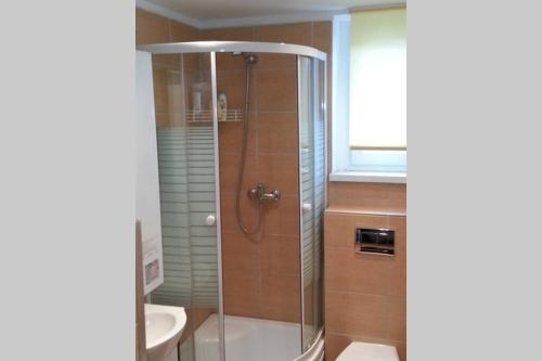 a bathroom with a shower with a toilet and a sink at Apartament przy Wrocławskim Stadionie in Wrocław